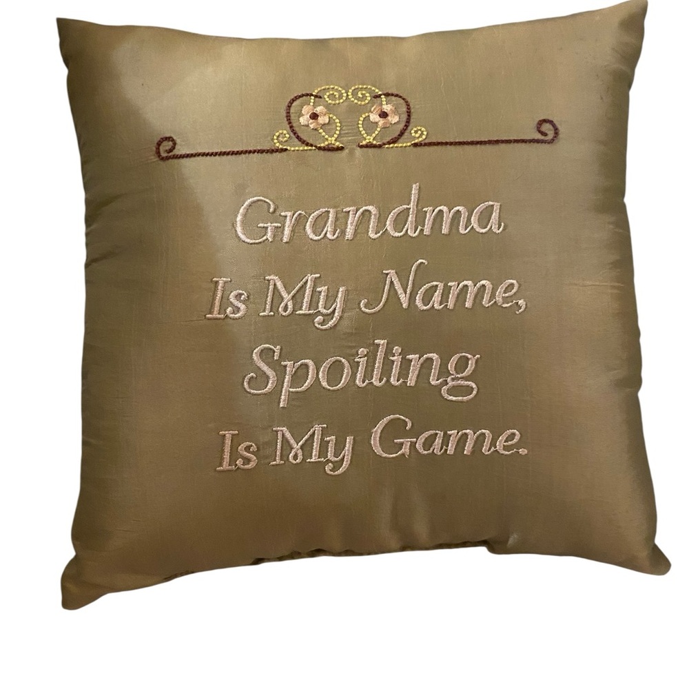 vintage Embroidered Gold Throw Pillow - Grandmas my name Spoiling’s my game